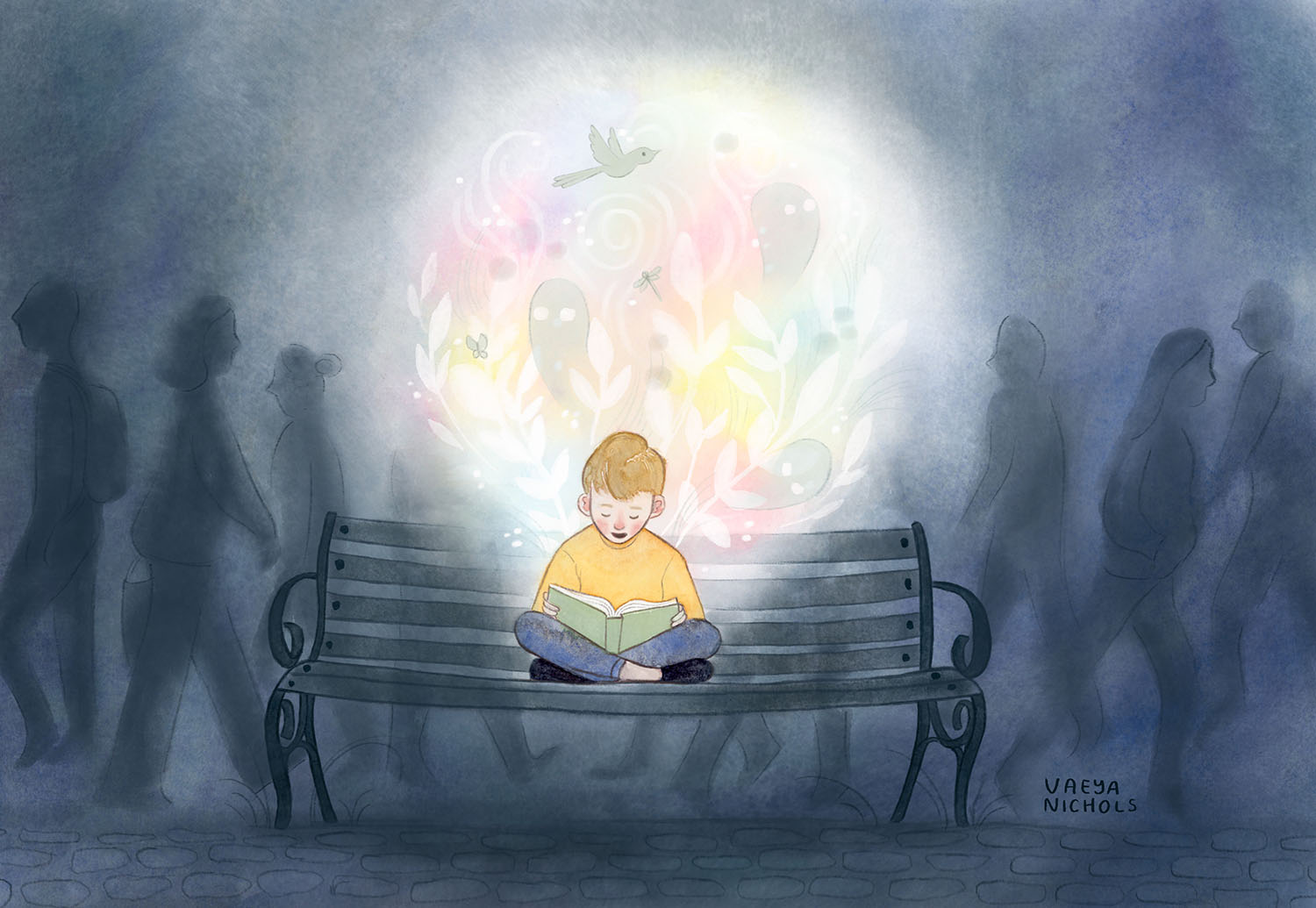 an illustration of a boy reading on a bench