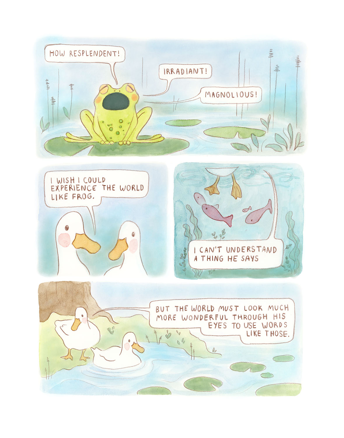 a watercolor comic with ducks and a frog