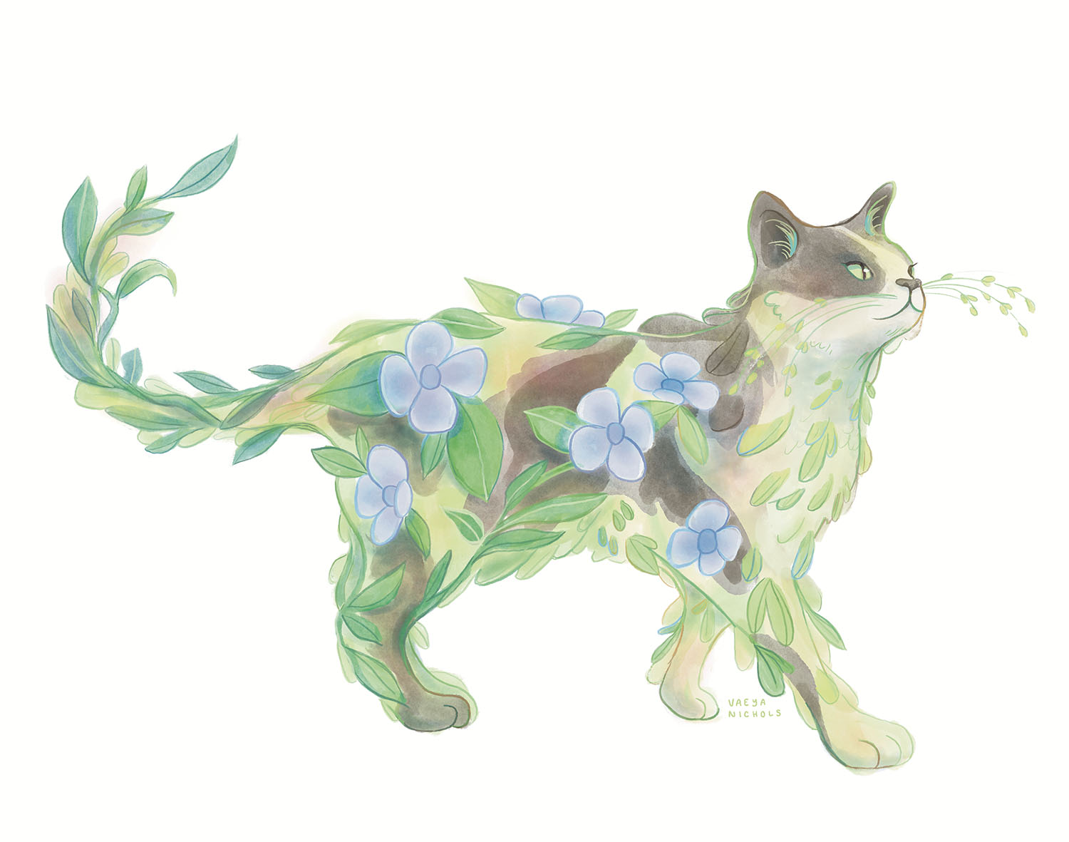 a drawing of a magical flowering cat