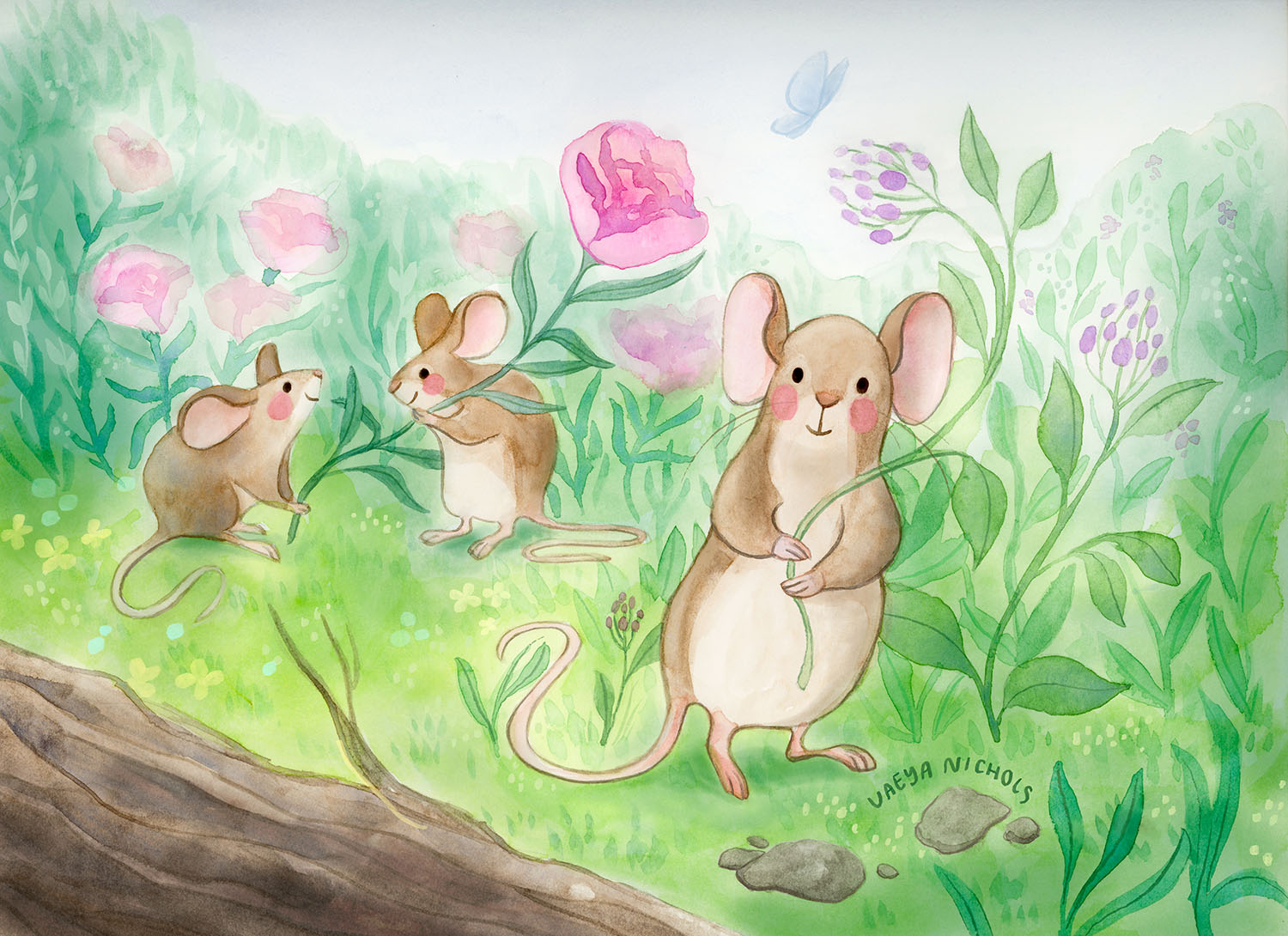 three mice picking flowers