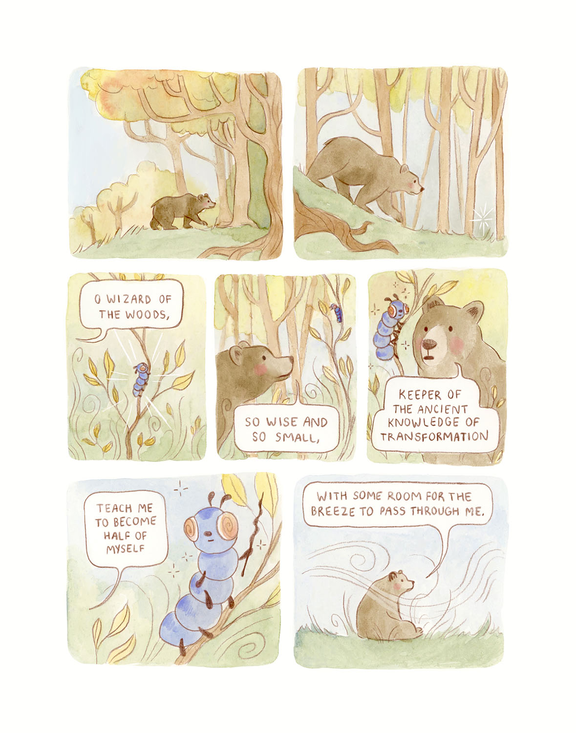 a watercolor comic about a bear and a caterpillar wizard