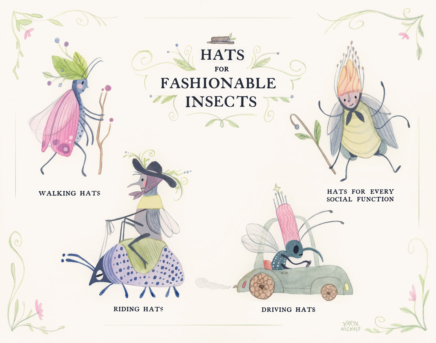 4 illustrated insects with silly hats on