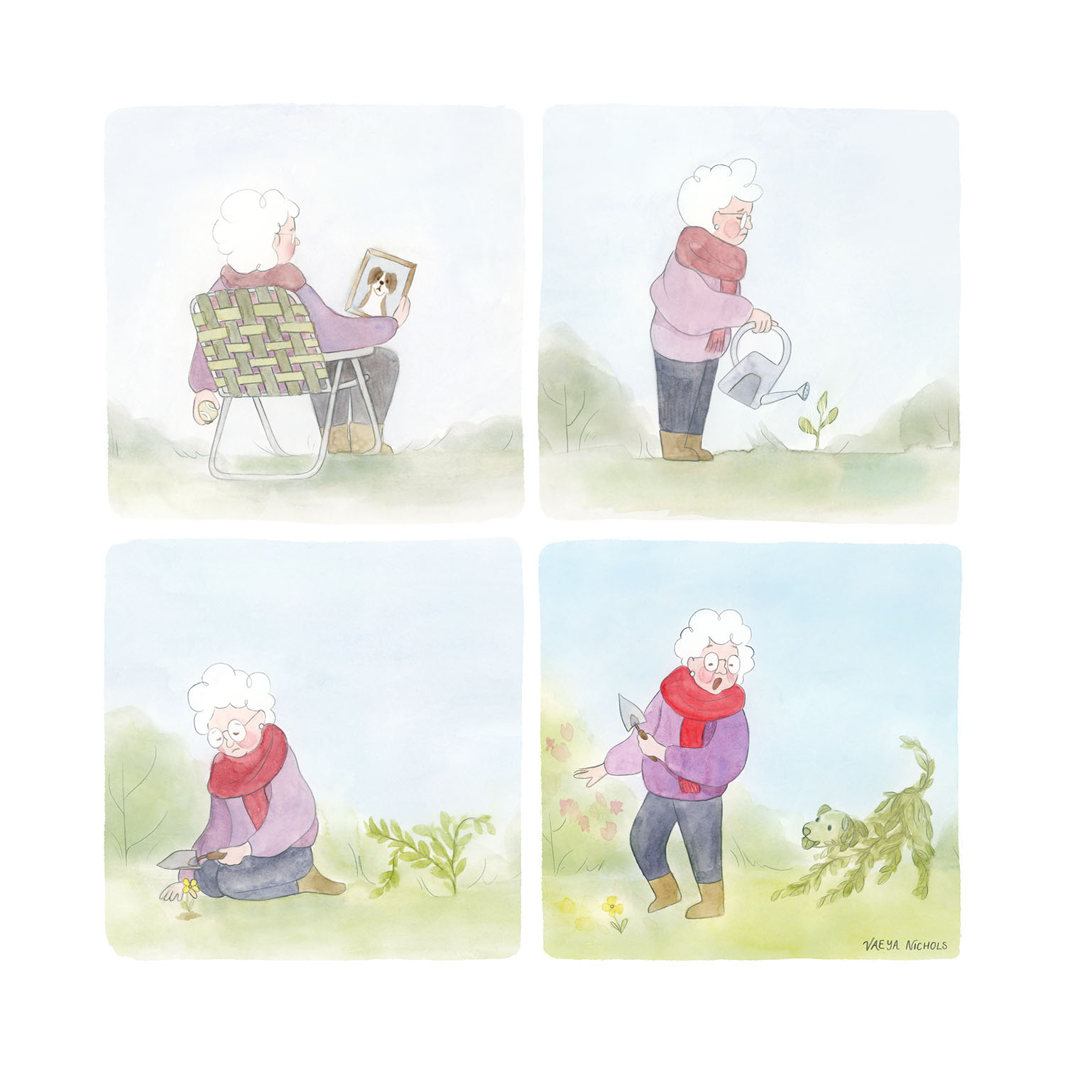 a 4-panel comic of an old lady meeting a magical plant puppy