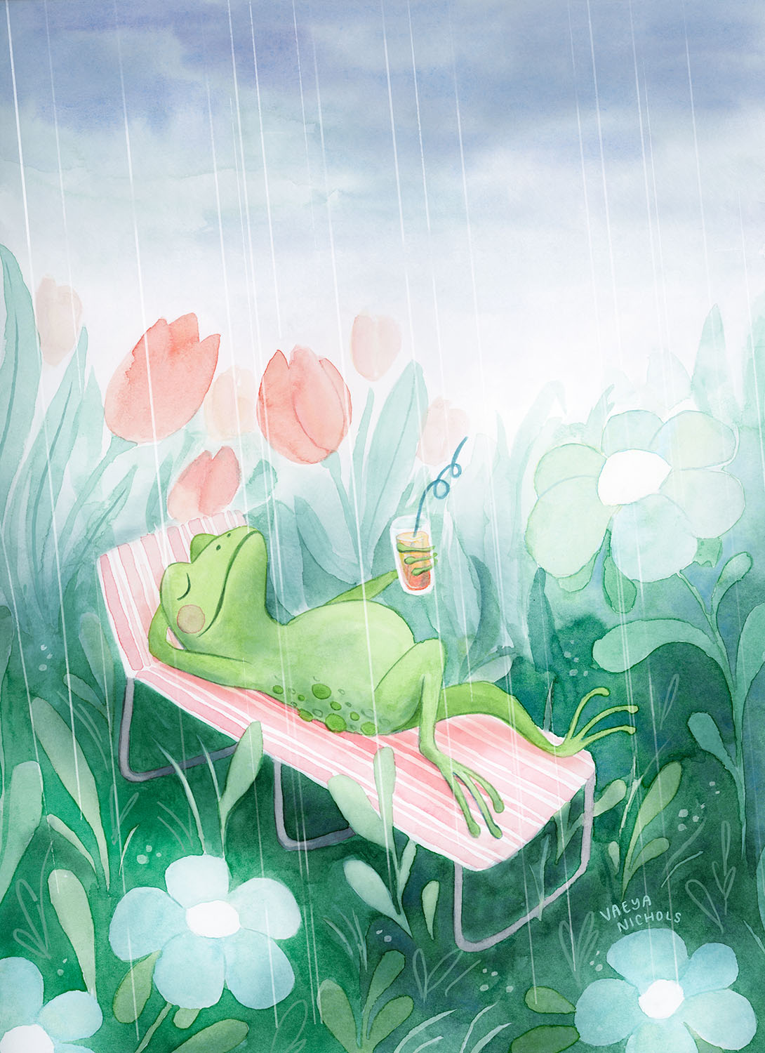 a frog reclining on a lawn chair in the rain