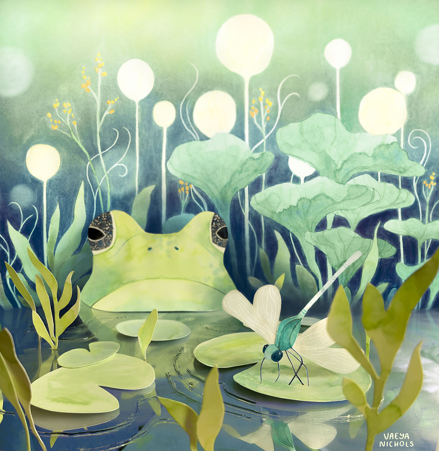 a paper sculpture of a pond with a frog and dragonfly