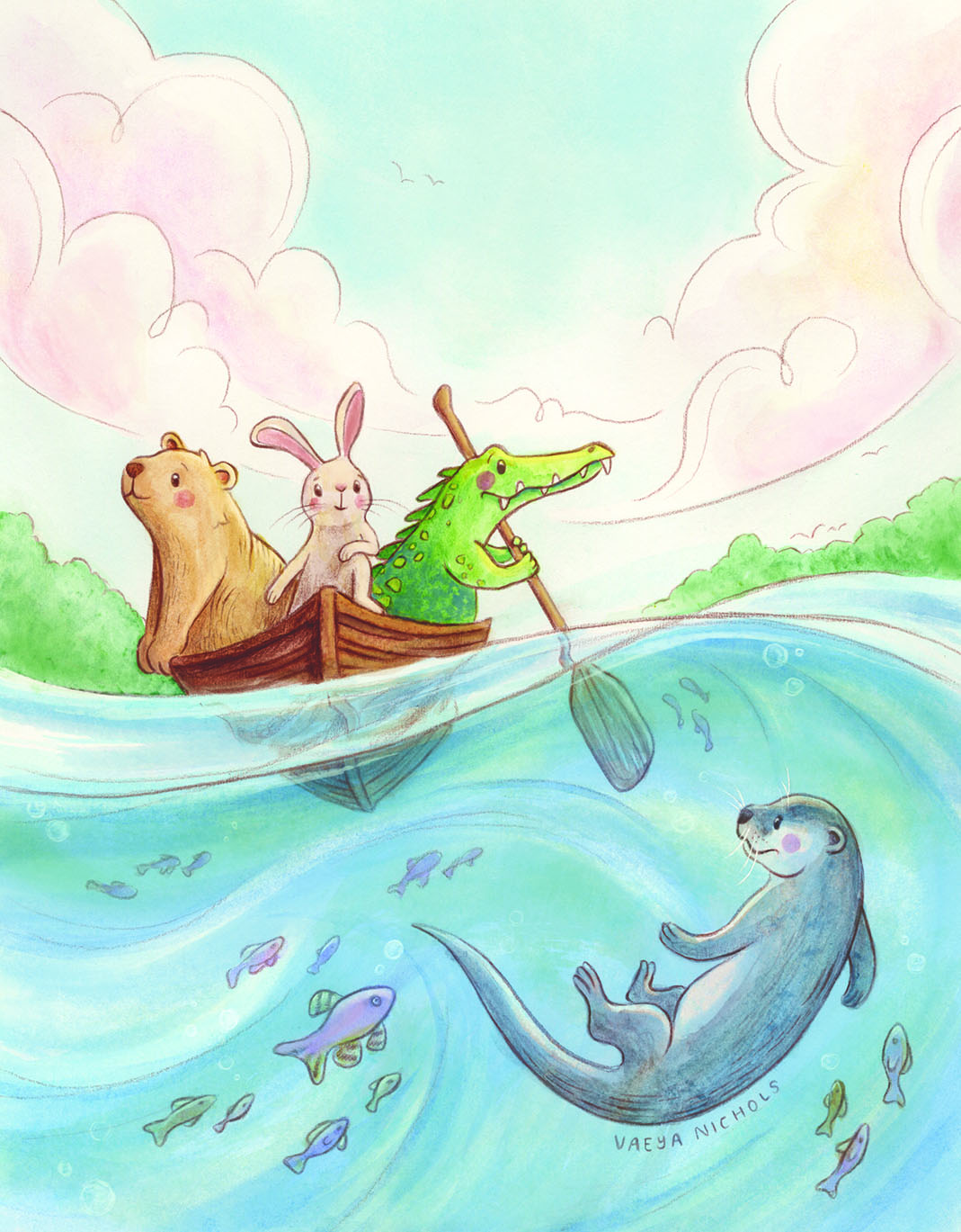 a bear, bunny, and alligator in a boat beside an otter