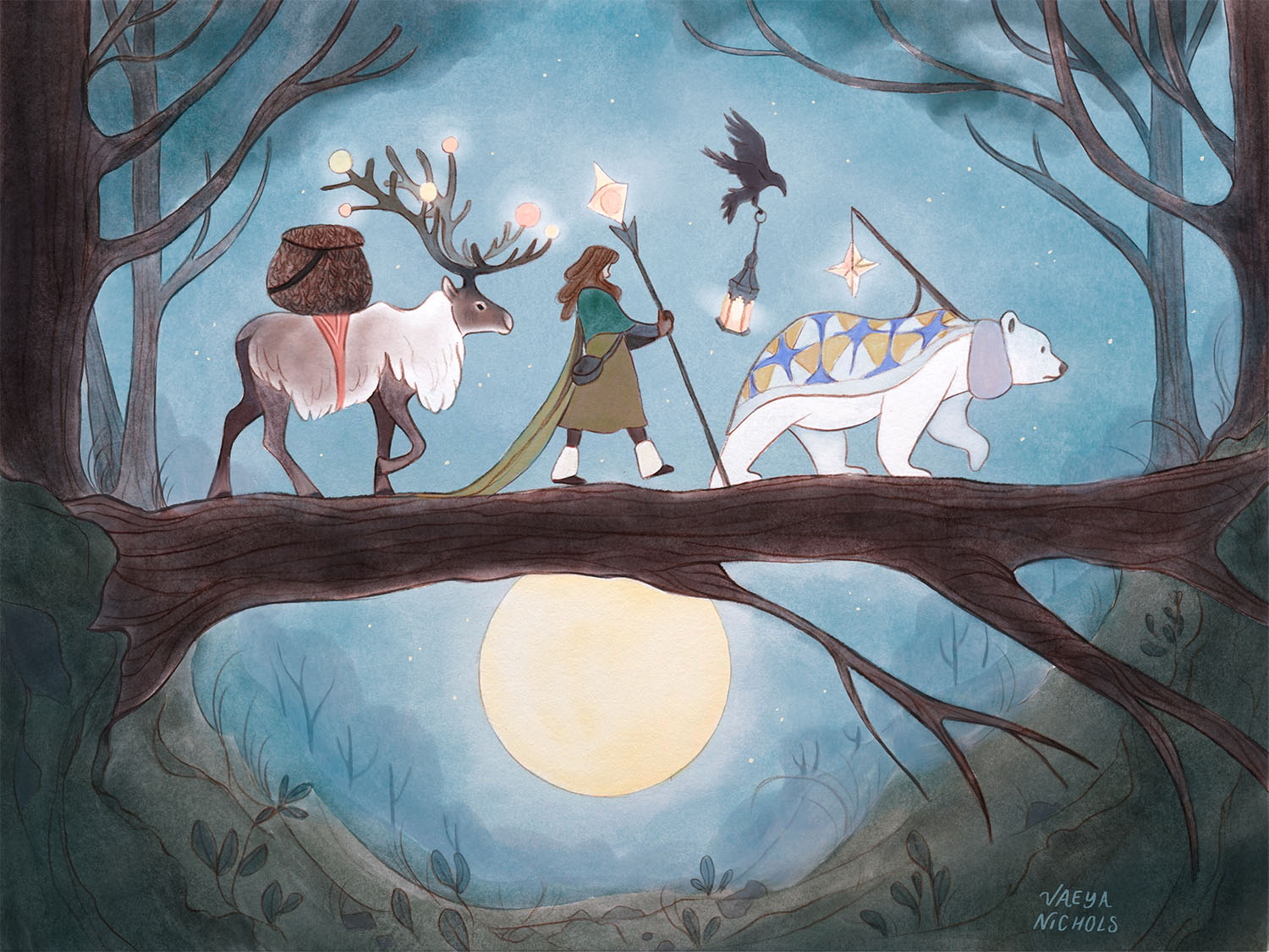 A painting of a caribou, a girl, and a polar bear carrying lanterns and walking on a fallen tree in the woods at night