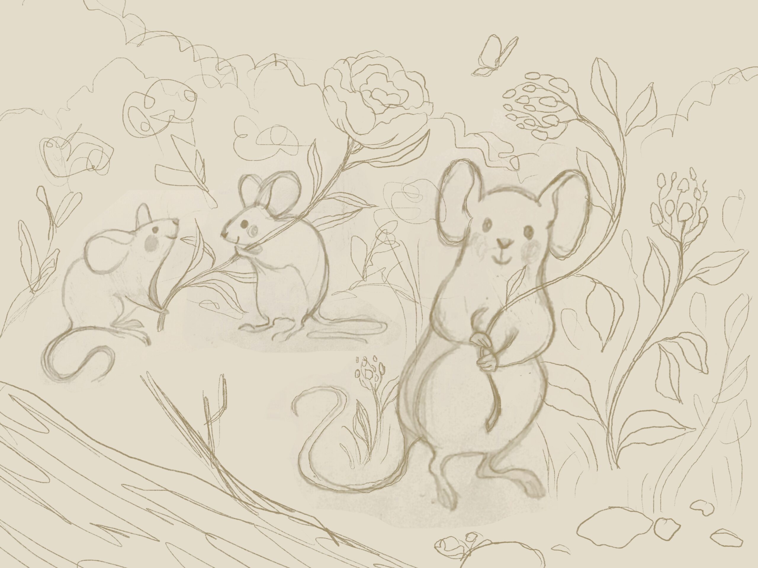 Sketch of mice picking flowers