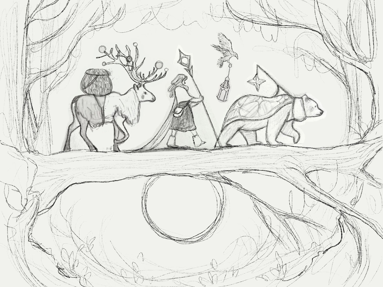 A sketch of a caribou, a girl, and a polar bear carrying lanterns and walking on a fallen tree in the woods at night