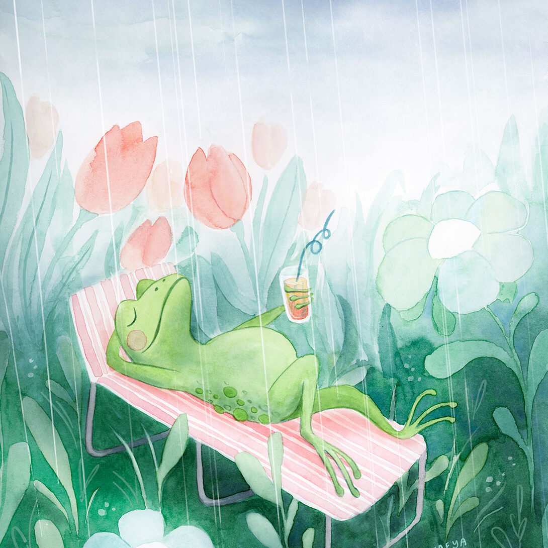 a frog reclining on a lawn chair in the rain